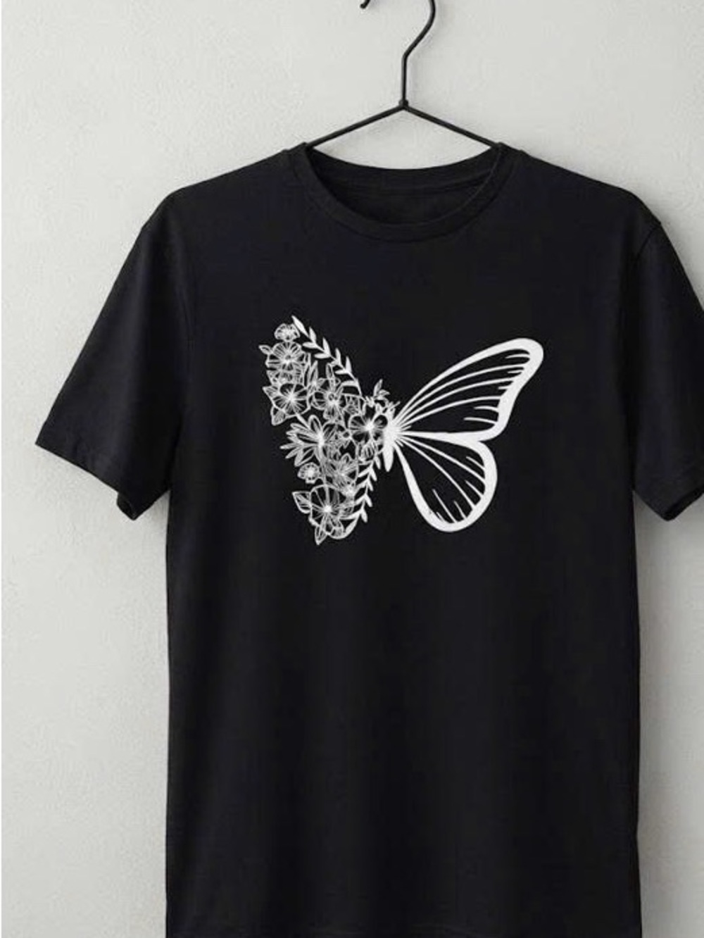 Black Short Sleeve T-Shirt with White Butterfly Floral Print